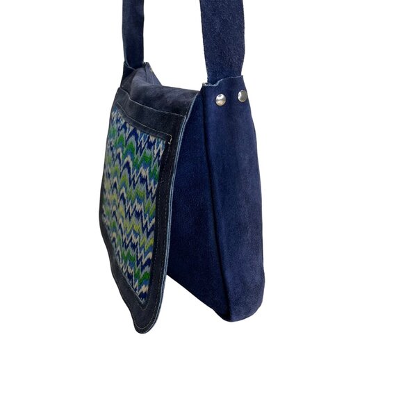 Handcrafted Navy Blue Suede With Chevron Pattern Front Panel Crossbody Bag - Picture 3 of 9